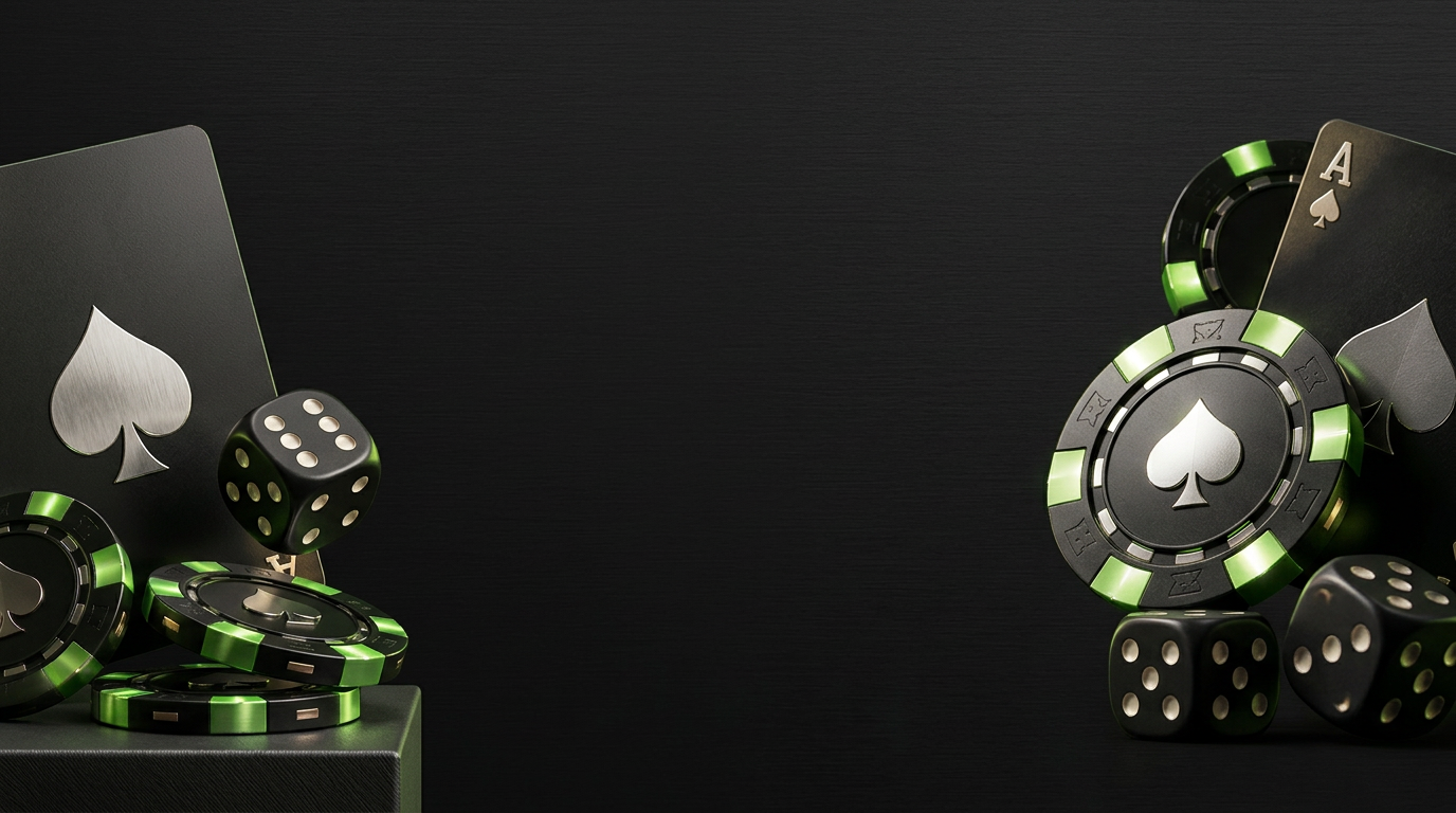 Sculpted black playing cards, dice, and metallic poker chips with lime-green edges