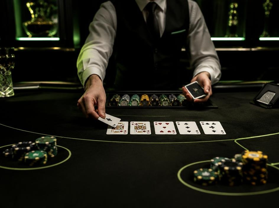 Live dealer dealing cards at a casino table